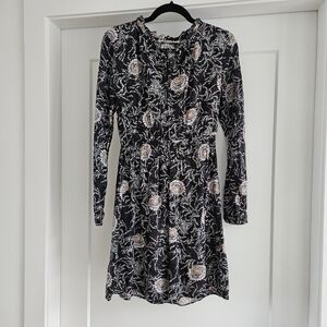 LOFT Black and Cream Floral Long Sleeve Dress